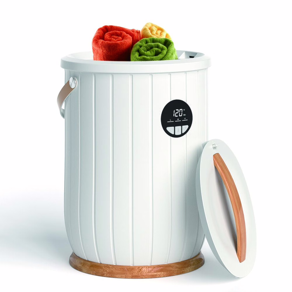 Inside a dual-layer towel warmer bucket.